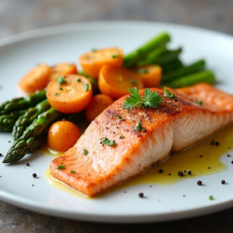 Seared Salmon Fillet with Roasted Sweet Potato and Asparagus