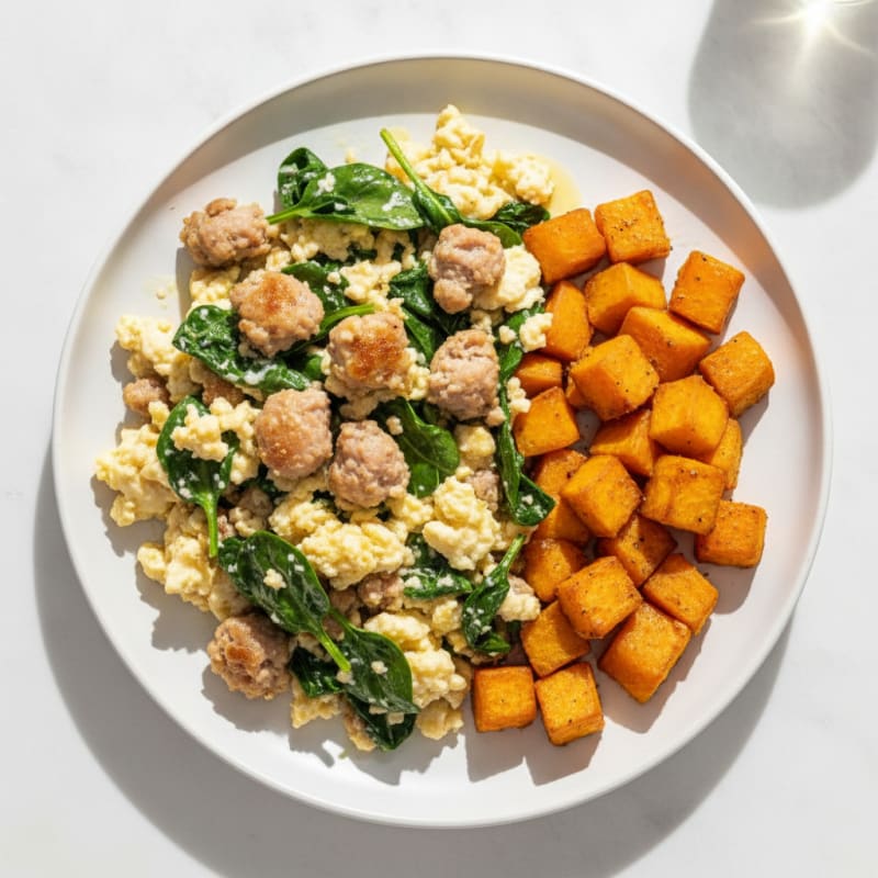 Egg White and Turkey Sausage Scramble with Spinach and Roasted Sweet Potato