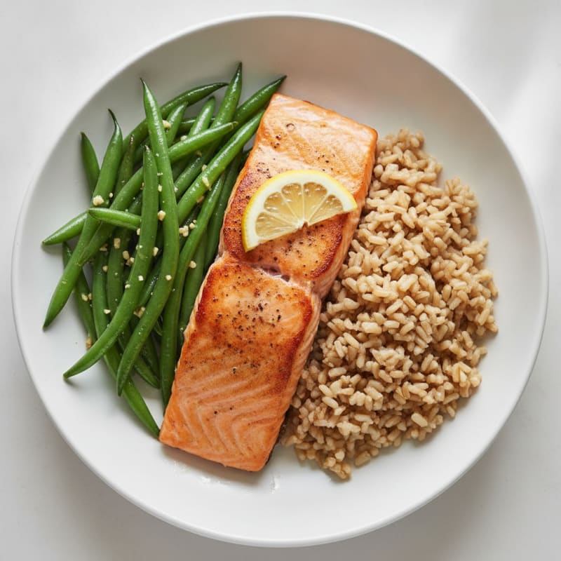 Seared Salmon Fillet with Garlic Green Beans and Brown Rice