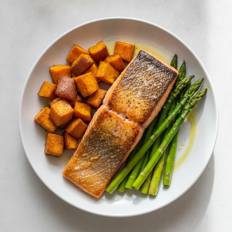 Seared Salmon with Roasted Sweet Potatoes and Asparagus
