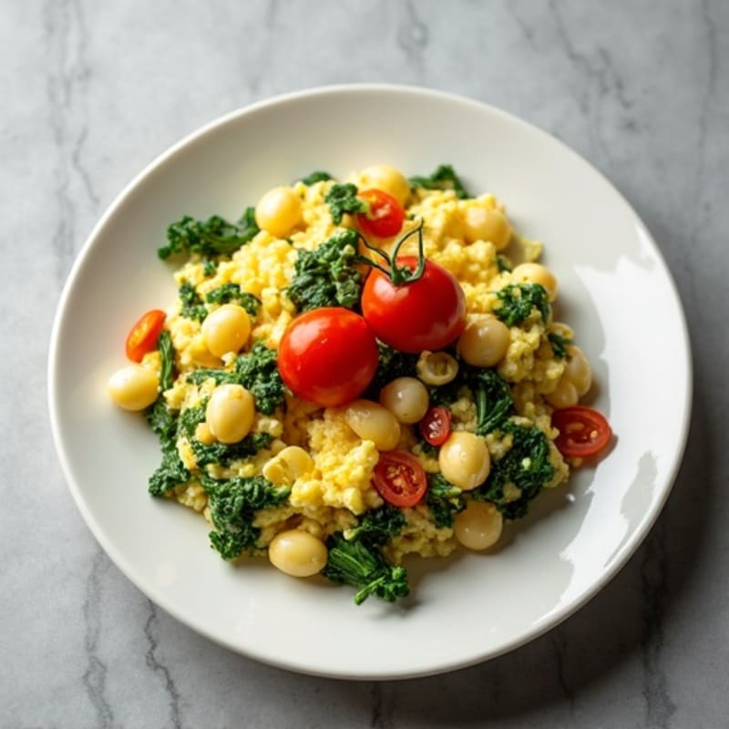 Fluffy Egg Scramble with Sautéed Spinach and Cherry Tomatoes