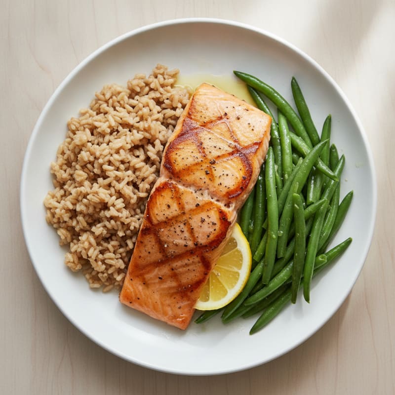 Seared Salmon Fillet with Steamed Green Beans and Brown Rice