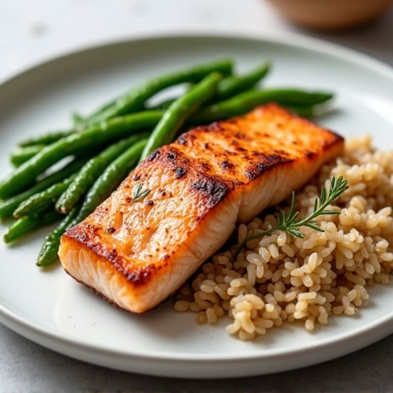 Seared Salmon with Garlic Green Beans and Brown Rice