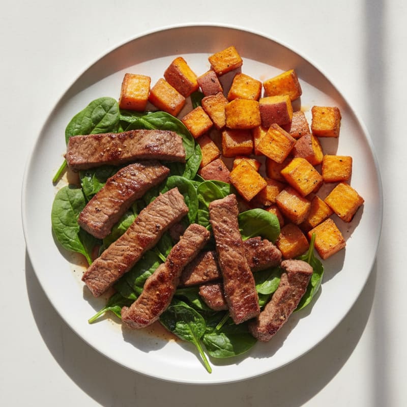 Seared Beef Strips with Spinach and Roasted Sweet Potatoes