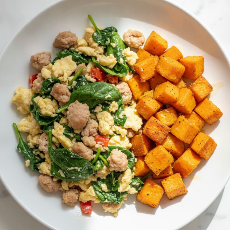 Egg White and Turkey Sausage Scramble with Spinach and Roasted Sweet Potato