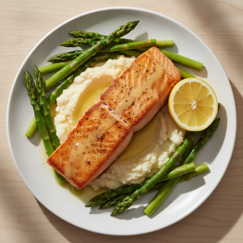 Seared Salmon with Steamed Asparagus and Cauliflower Mash