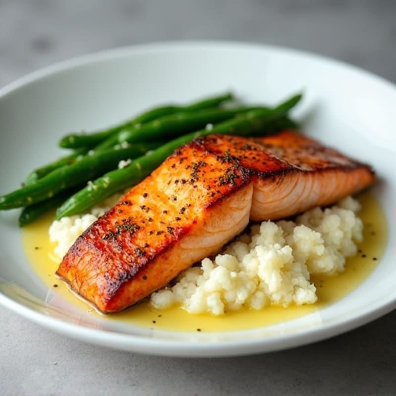 Seared Salmon with Steamed Green Beans and Garlic Mashed Cauliflower