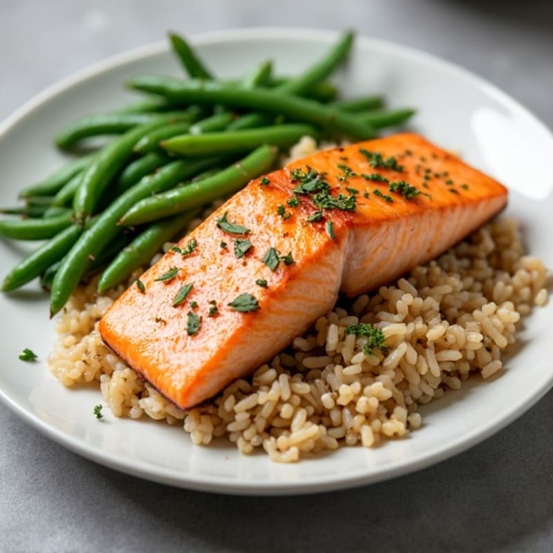 Seared Salmon with Garlic Green Beans and Brown Rice