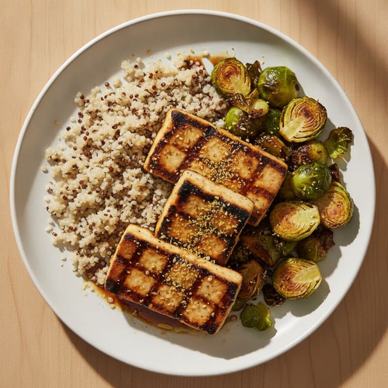 Grilled Tofu Steaks with Quinoa and Roasted Brussels Sprouts