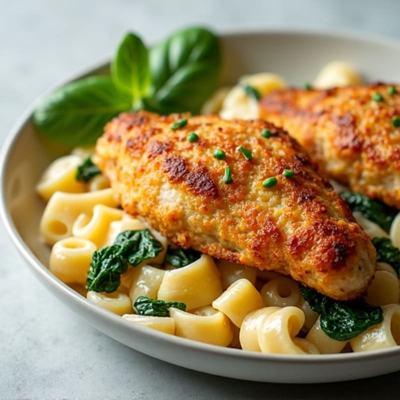 Crispy Baked Chicken with Creamy Gouda Pasta