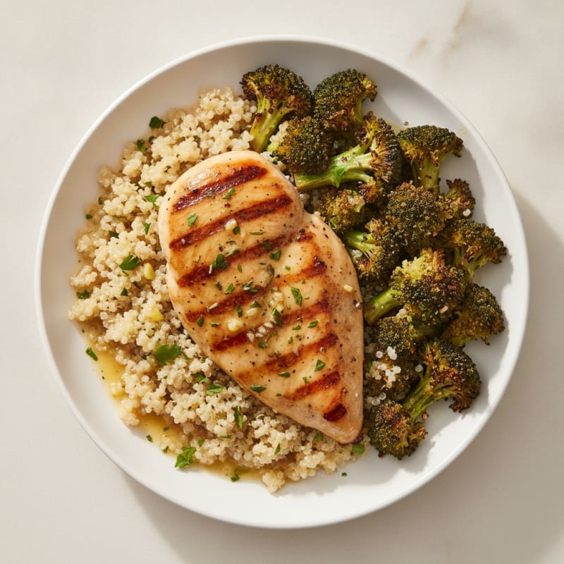 Grilled Lemon Herb Chicken Breast with Quinoa and Roasted Broccoli