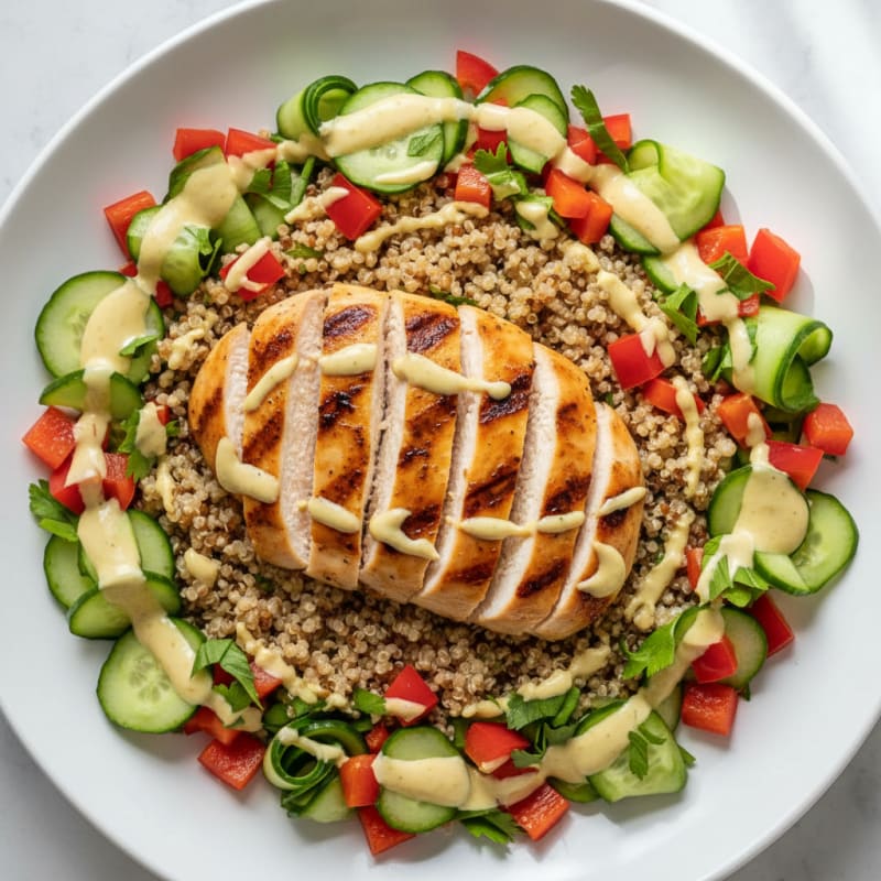 Grilled Chicken Quinoa Salad with Crunchy Vegetables and Lemon Tahini Dressing