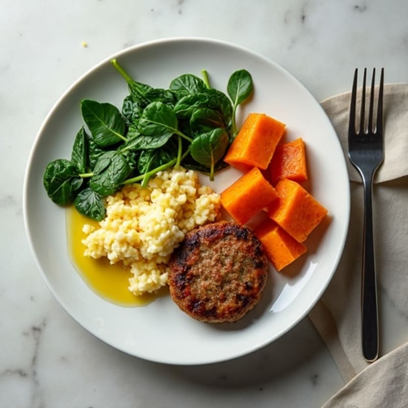Egg White and Turkey Sausage Scramble with Spinach and Roasted Sweet Potato