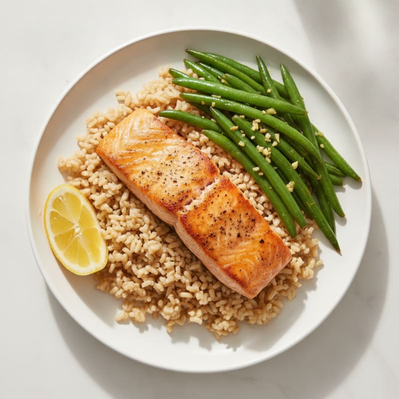 Seared Salmon Fillet with Garlic Green Beans and Brown Rice