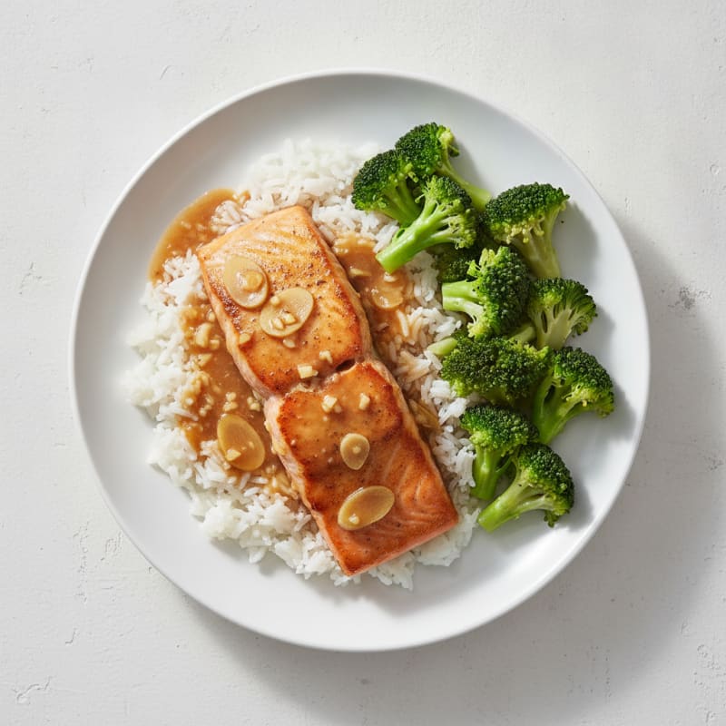Soy-Ginger Seared Salmon with Steamed Broccoli and Jasmine Rice