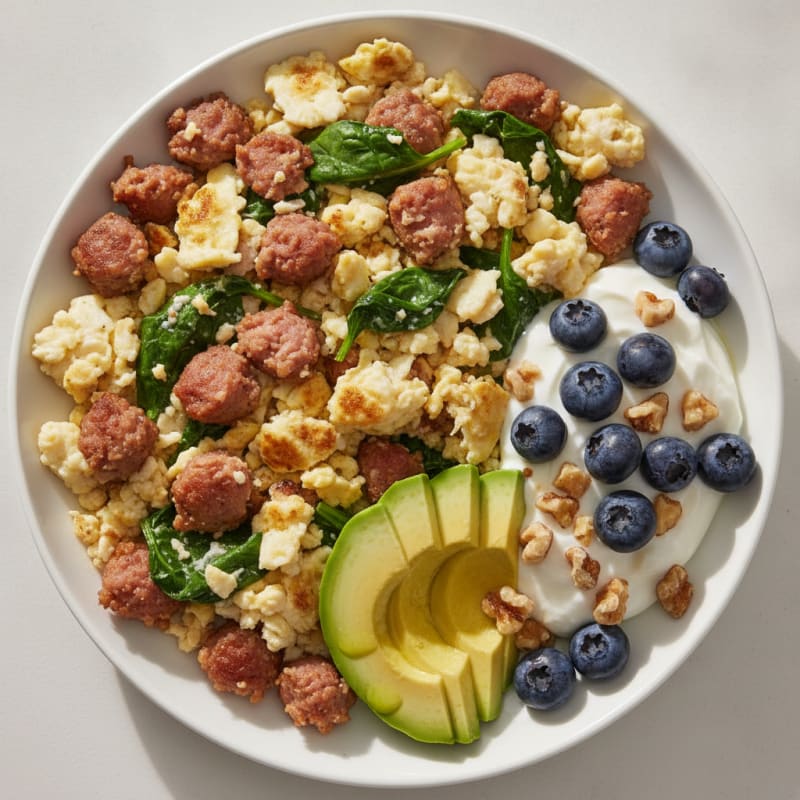 Egg White and Turkey Sausage Scramble with Greek Yogurt and Berries