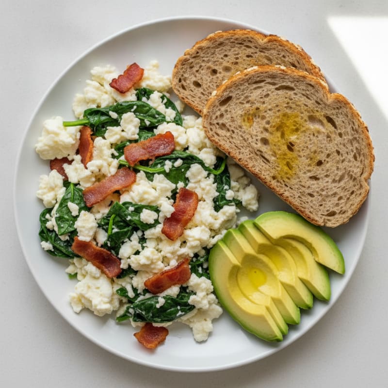 Crispy Turkey Bacon and Egg White Scramble with Spinach