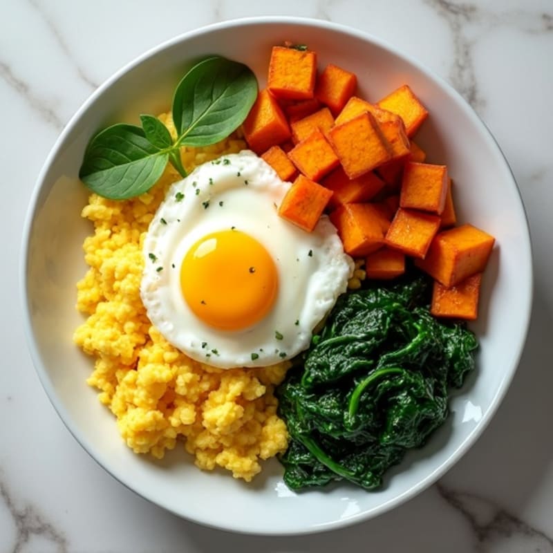 Protein-Packed Scrambled Eggs with Roasted Sweet Potato and Spinach