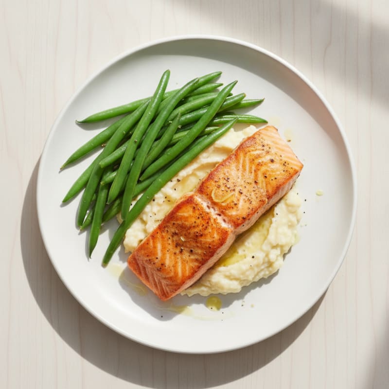 Seared Salmon with Steamed Green Beans and Garlic Cauliflower Mash
