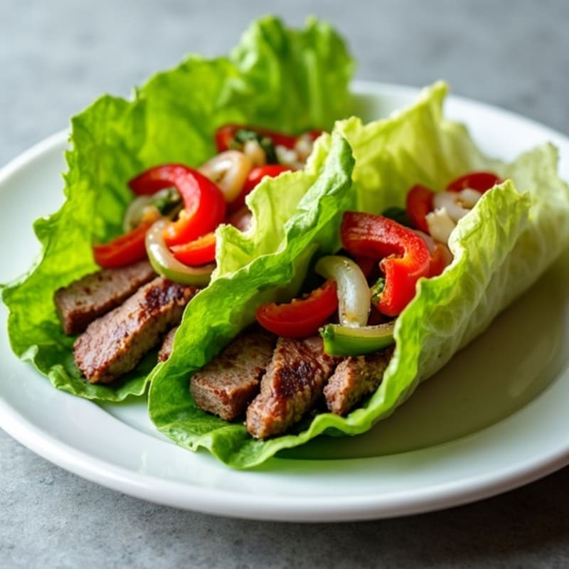 Lean Steak Lettuce Wraps with Sautéed Peppers, Onions, and Creamy Provolone