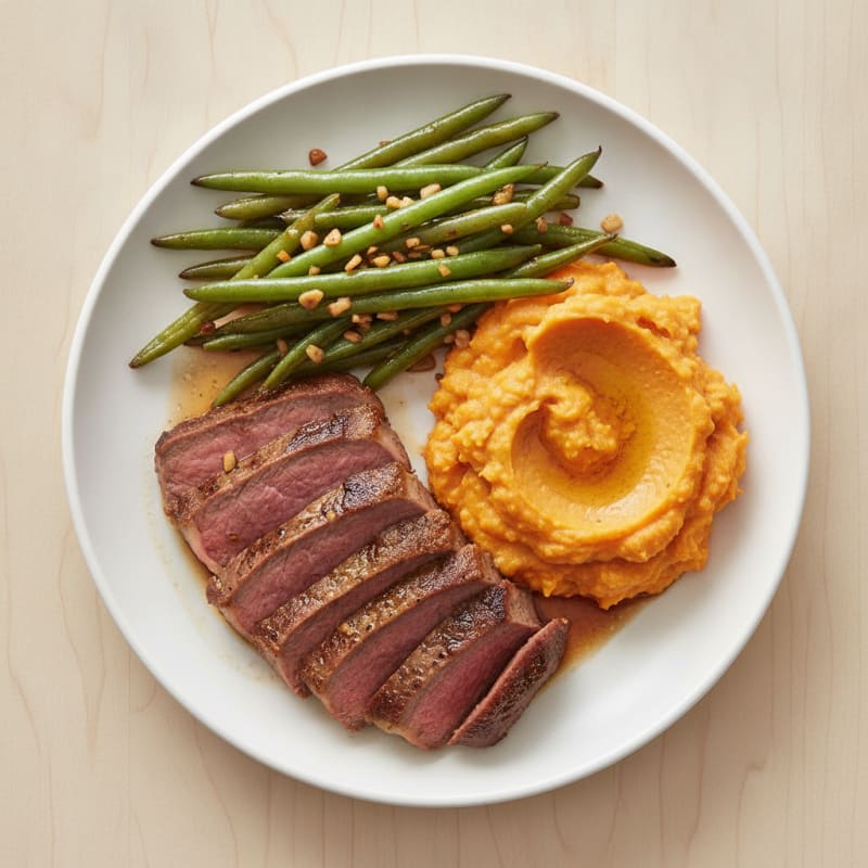 Seared Lean Beef with Garlic Green Beans and Sweet Potato Mash