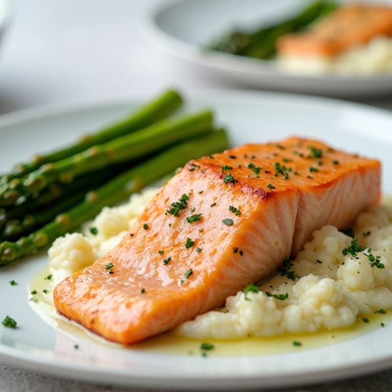 Seared Salmon with Steamed Asparagus and Garlic Cauliflower Mash