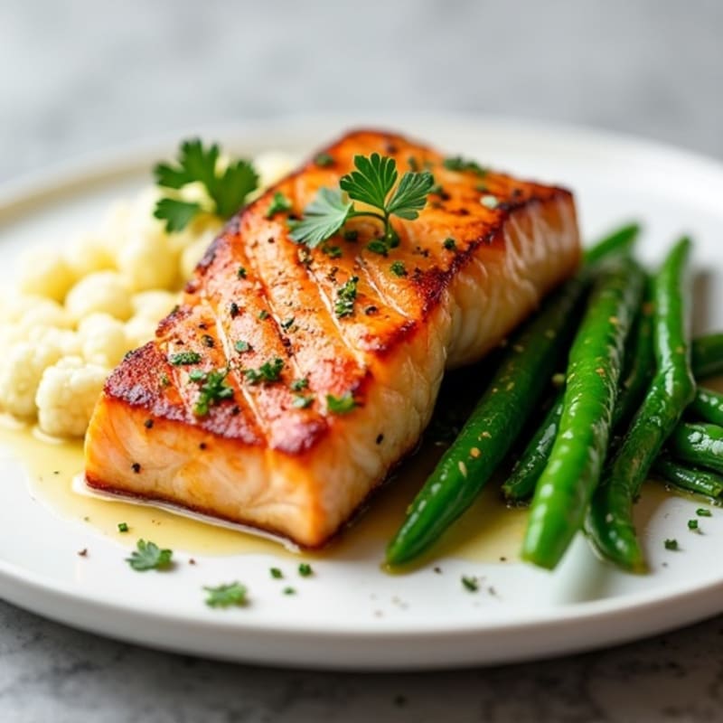 Seared Salmon with Steamed Green Beans and Garlic Cauliflower Mash