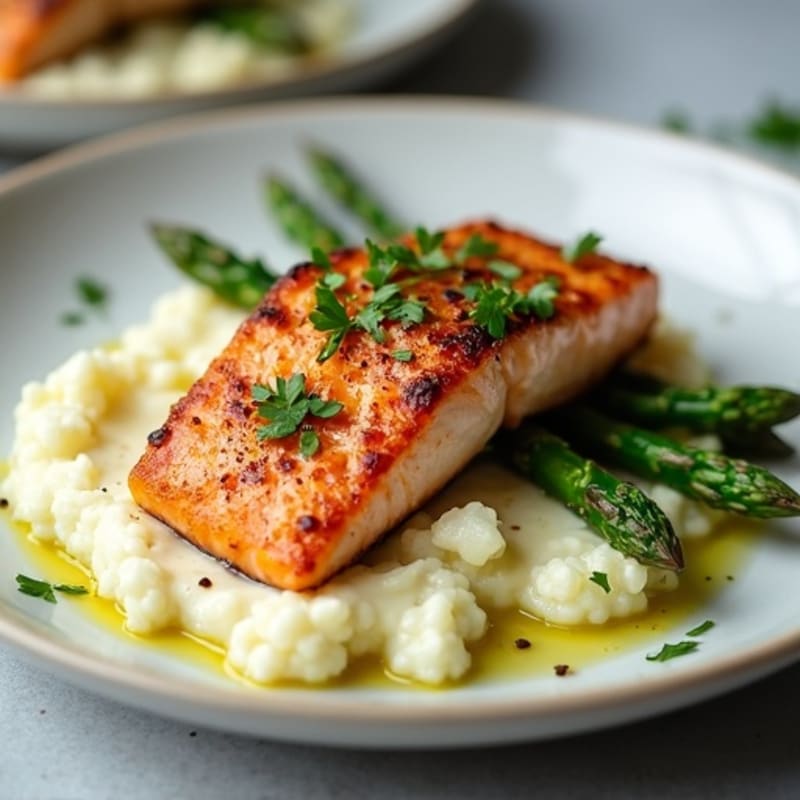 Seared Salmon with Steamed Asparagus and Garlic Mashed Cauliflower