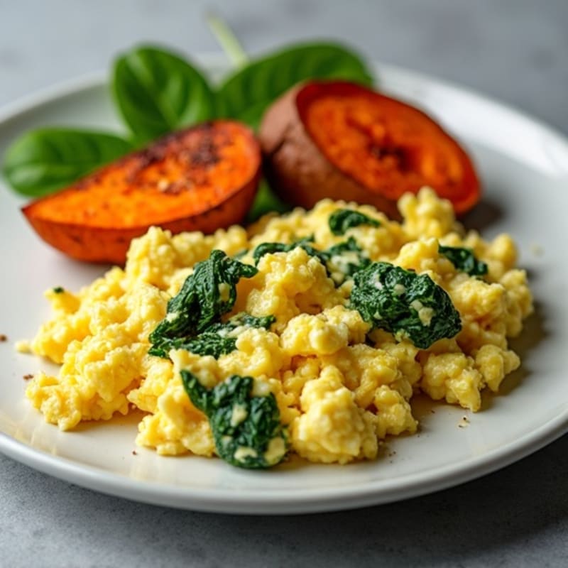 Fluffy Egg and Spinach Scramble with Roasted Sweet Potatoes