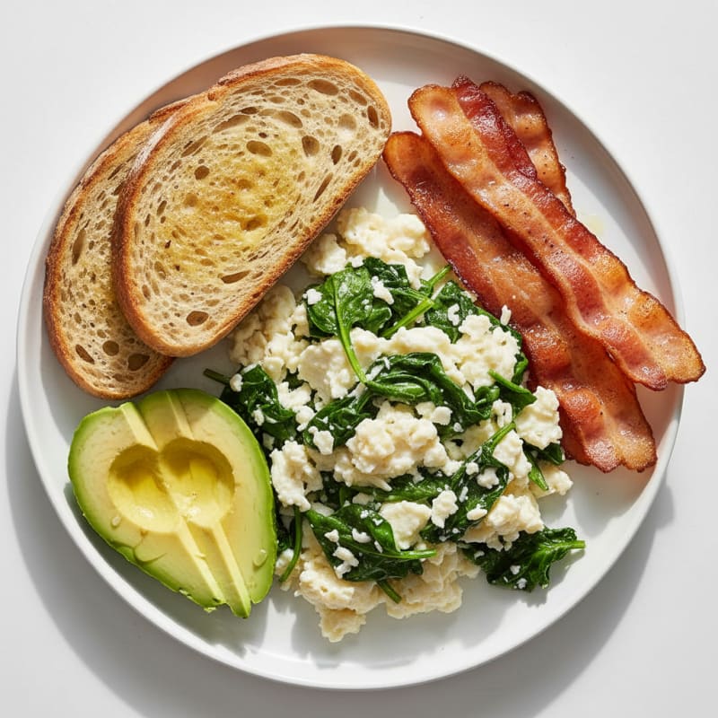 Crispy Turkey Bacon and Egg White Scramble with Sautéed Spinach