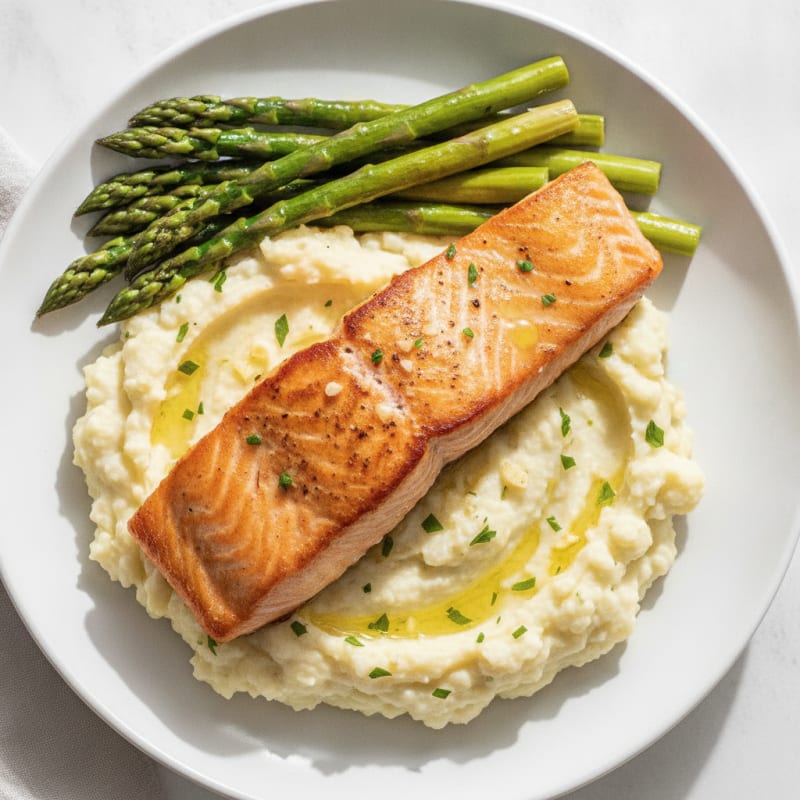 Seared Salmon with Steamed Asparagus and Garlic Mashed Cauliflower