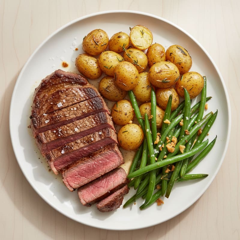 Seared Sirloin Steak with Garlic Green Beans and Roasted Baby Potatoes