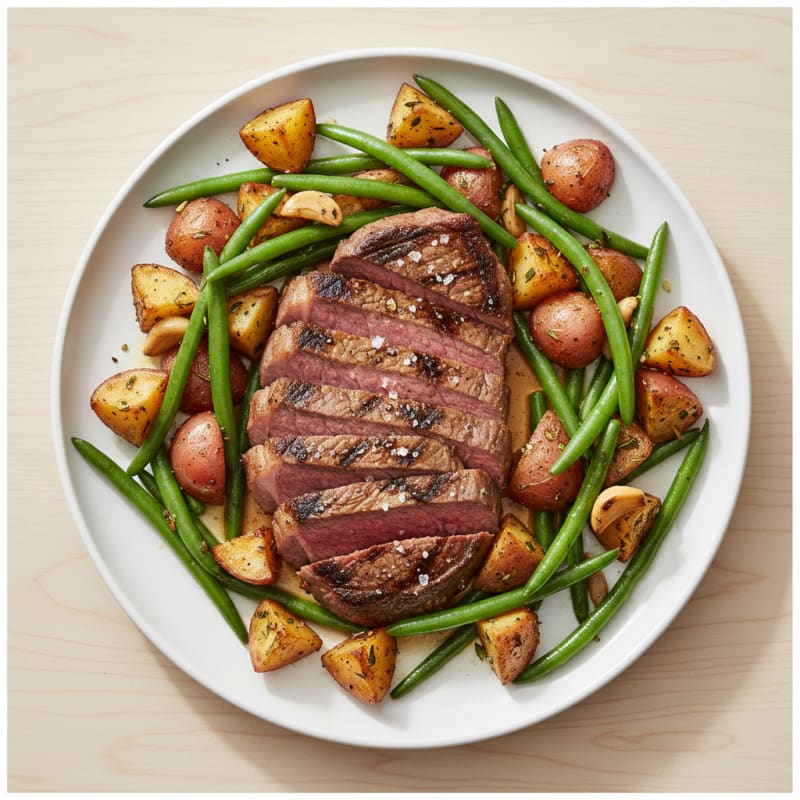 Seared Sirloin Steak with Garlic Roasted Potatoes and Green Beans