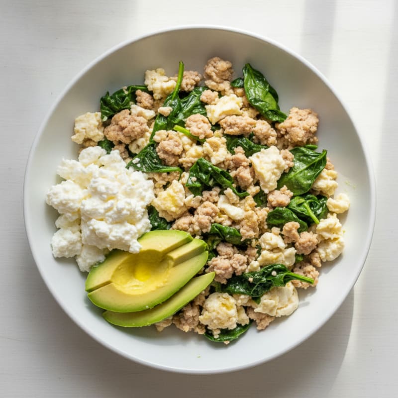 Egg White and Turkey Spinach Scramble with Cottage Cheese