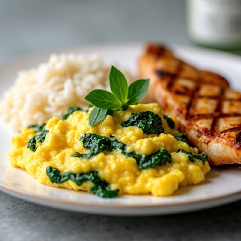 Scrambled Eggs with Spinach and Grilled Chicken Breast