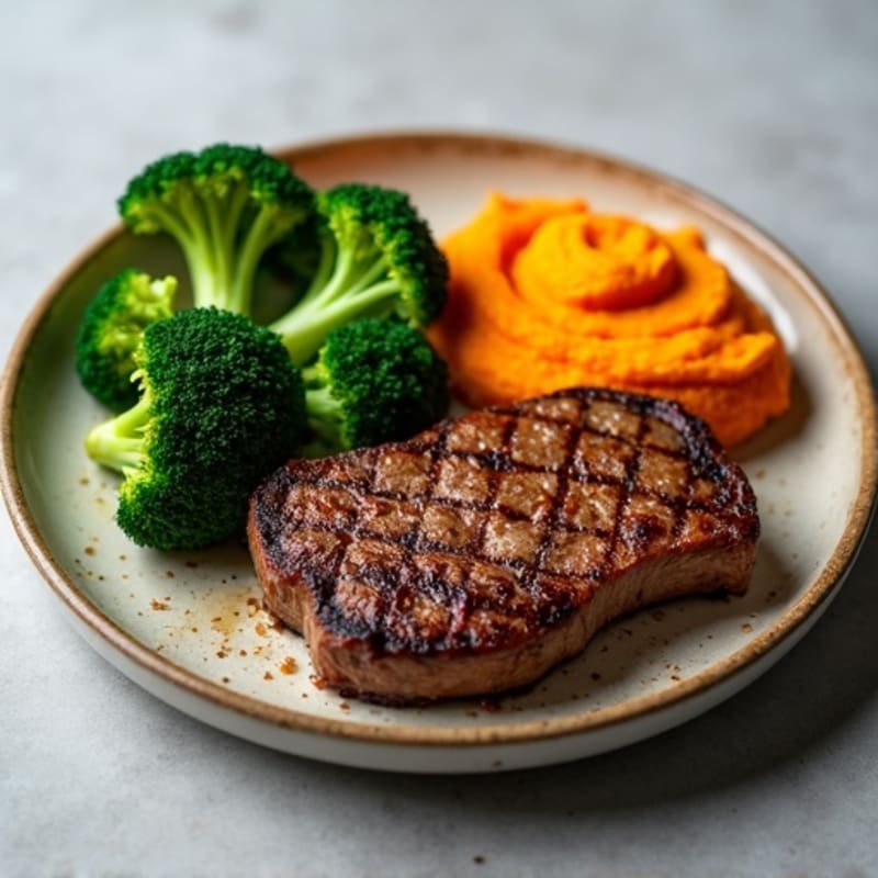 Seared Steak with Steamed Broccoli and Sweet Potato Mash