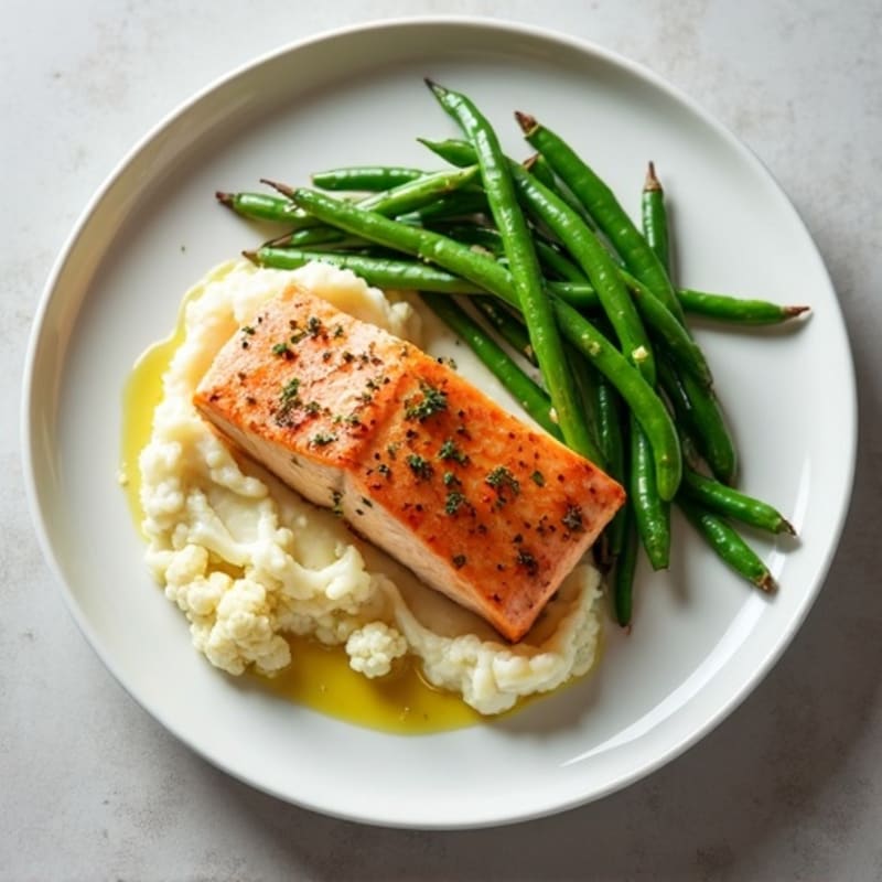 Seared Salmon with Garlic Green Beans and Cauliflower Mash