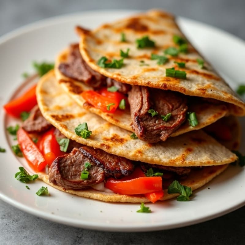 Crispy Whole Wheat Steak Quesadillas with Sautéed Peppers and Onions