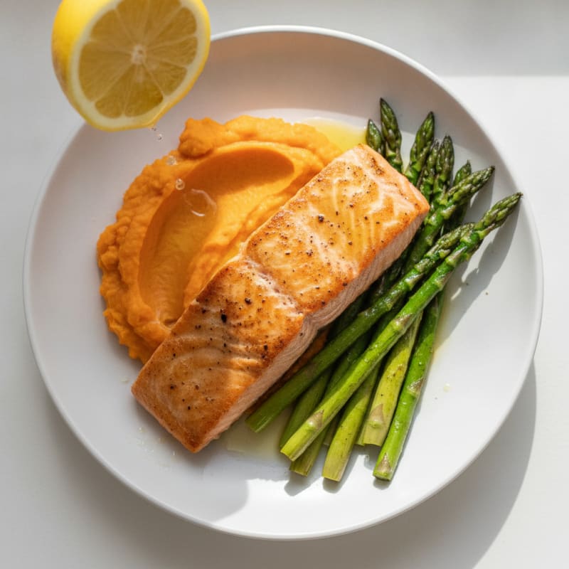 Seared Salmon with Roasted Asparagus and Sweet Potato Mash