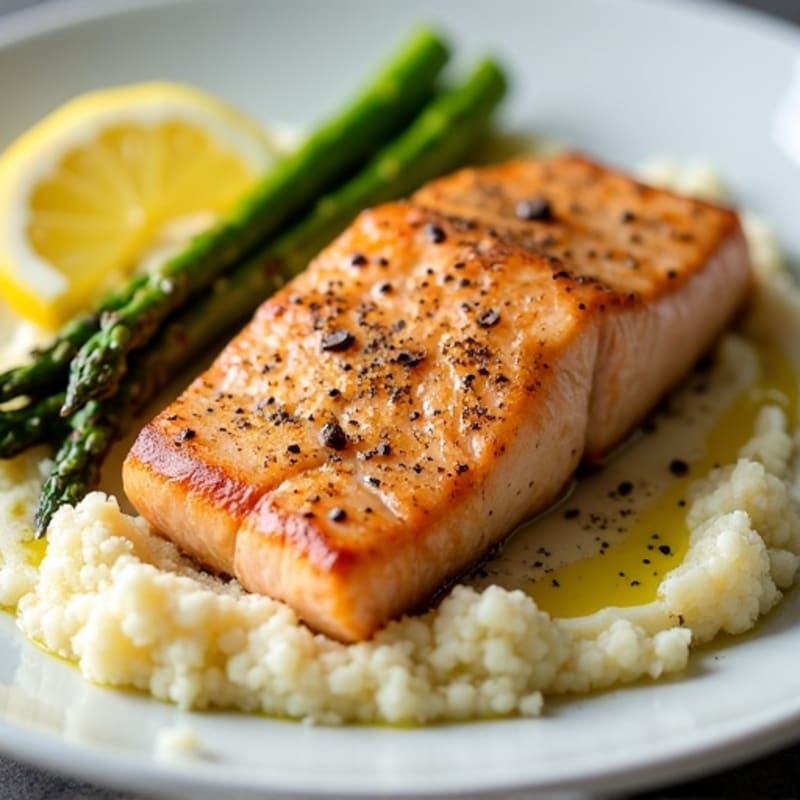 Seared Salmon with Steamed Asparagus and Cauliflower Mash