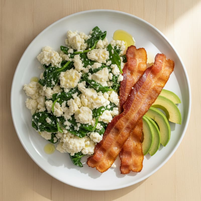 Egg White and Cottage Cheese Scramble with Spinach and Turkey Bacon