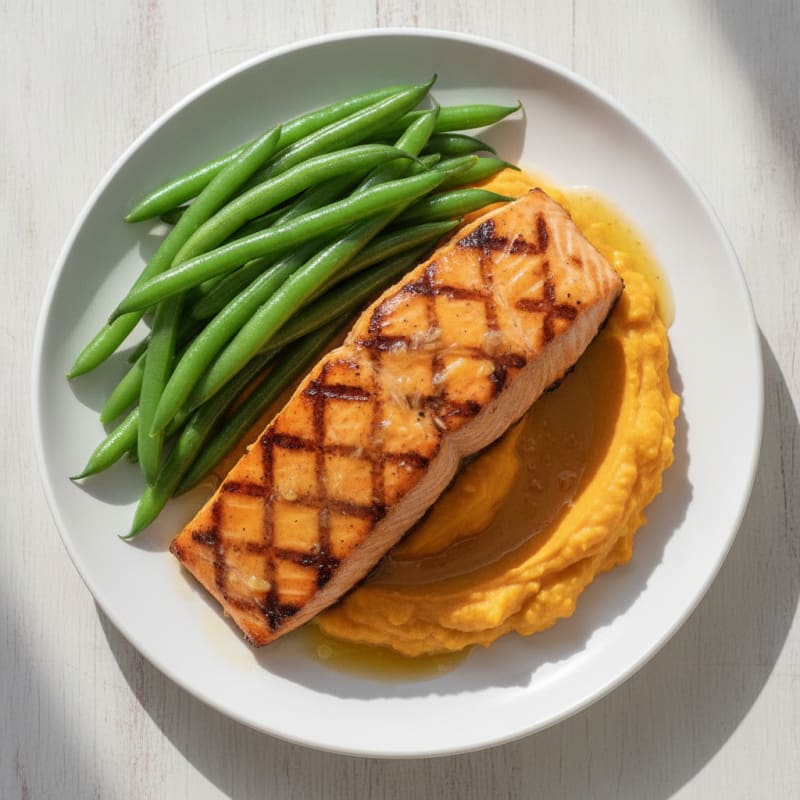 Grilled Salmon with Steamed Green Beans and Sweet Potato Mash