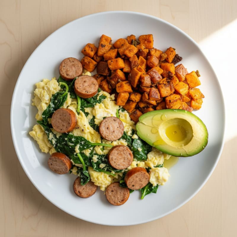 Egg White Scramble with Turkey Sausage and Spinach