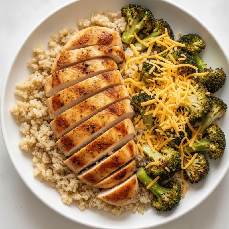 Grilled Chicken and Quinoa Bowl with Roasted Broccoli and Shredded Cheddar