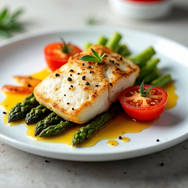 Seared Cod with Roasted Asparagus and Tomato