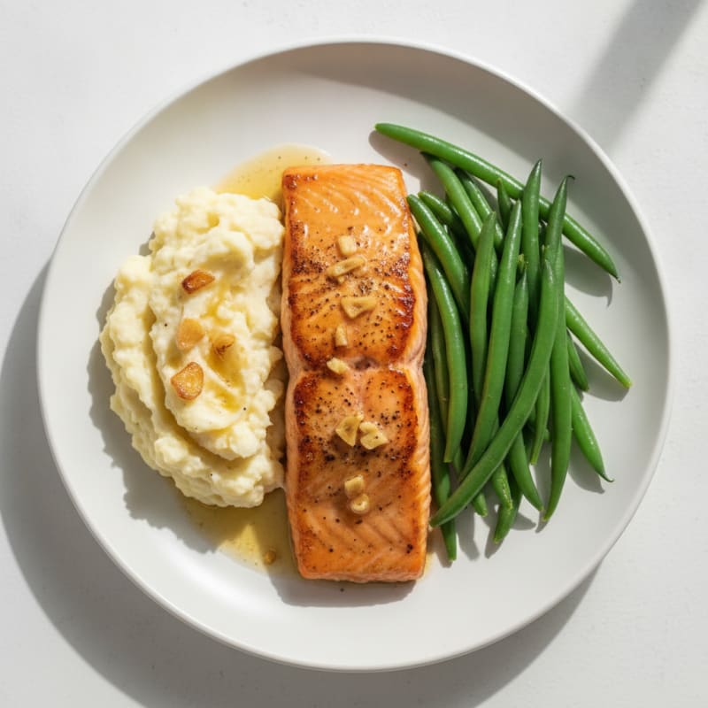 Seared Salmon Fillet with Steamed Green Beans and Garlic Mashed Cauliflower