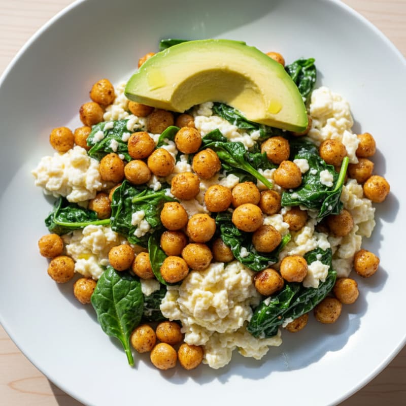 Crispy Chickpea and Egg White Scramble with Spinach
