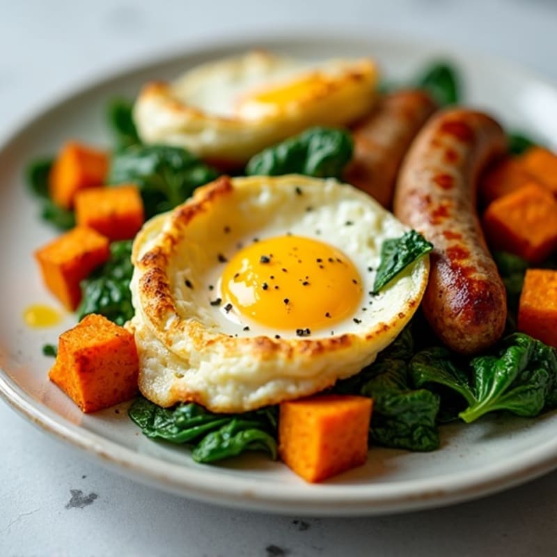 Egg White and Turkey Sausage Scramble with Spinach and Roasted Sweet Potatoes