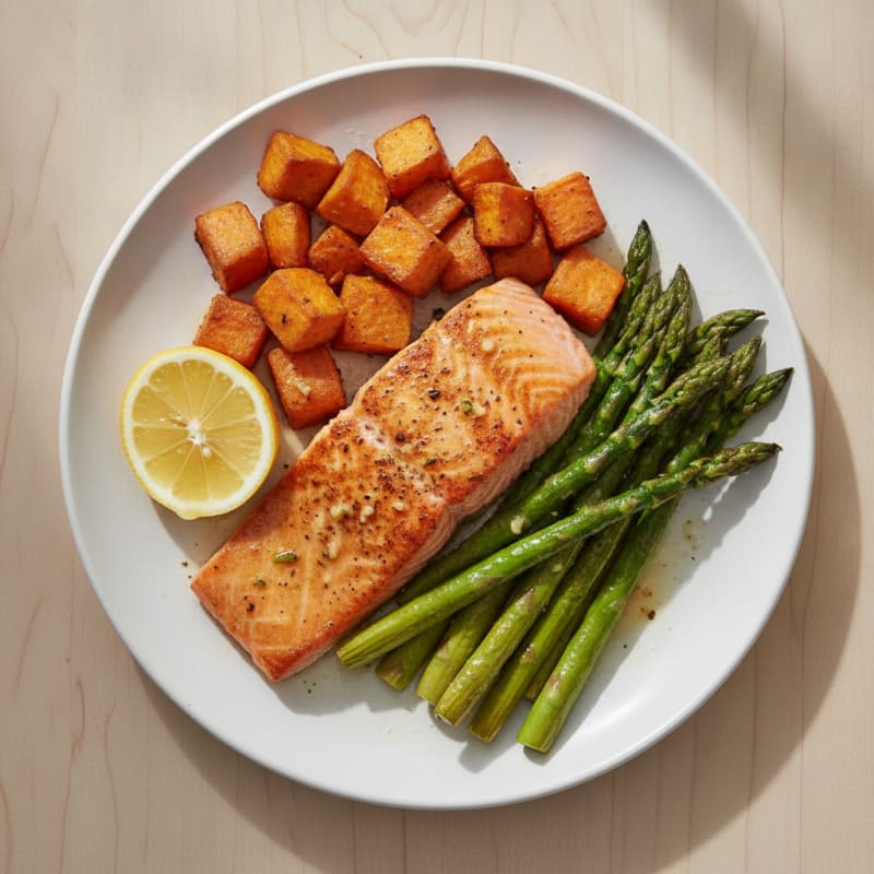 Seared Salmon with Roasted Sweet Potato and Asparagus