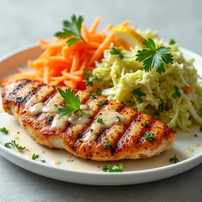 Grilled Chicken Breast with Crunchy Cabbage Slaw and Lemon Tahini Dressing